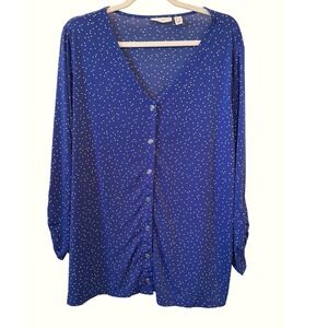 Susan Graver Size 1X Blue Polka Dot V Neck Button Down Liquid Knit Top
